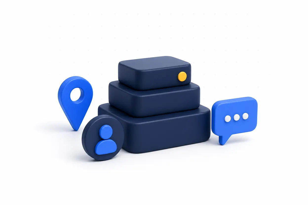 A simple stacked local sales tool set with map pin, owner badge, and message icon