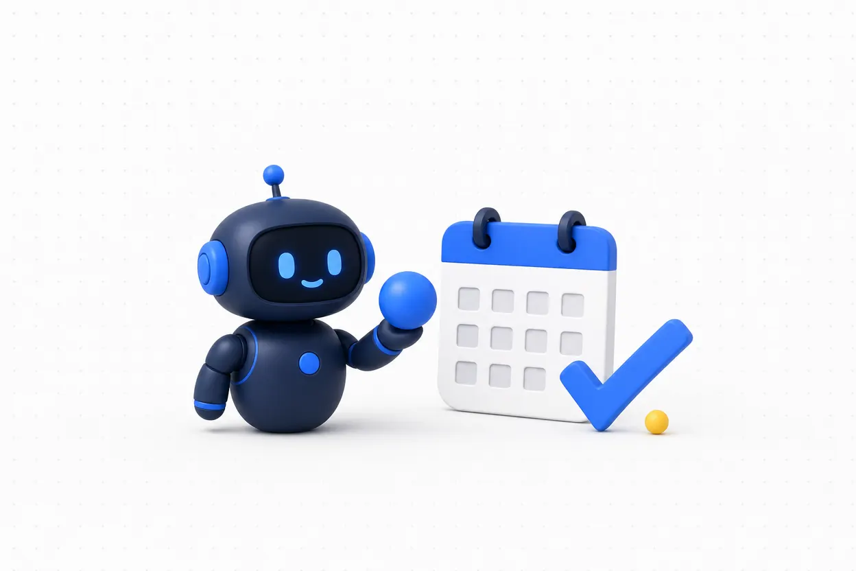 A small abstract robot beside a calendar tile and blue checkmark