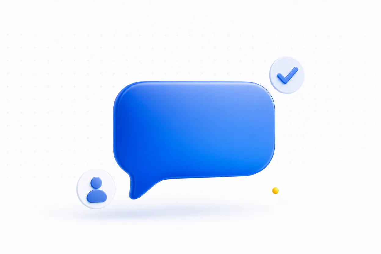 A large blue reply bubble with a checkmark and compact owner badge
