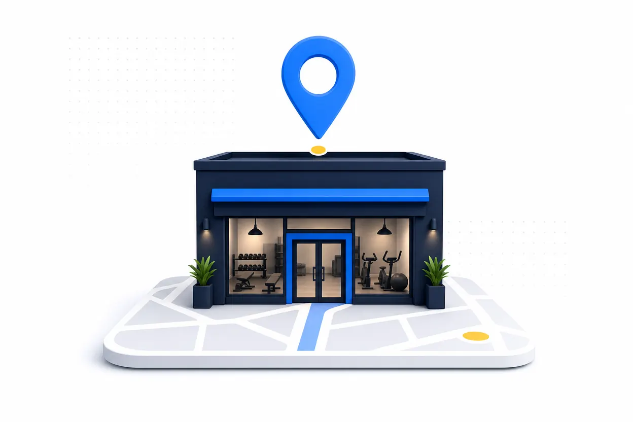 A simple 3D gym storefront on a local map tile with a blue location pin
