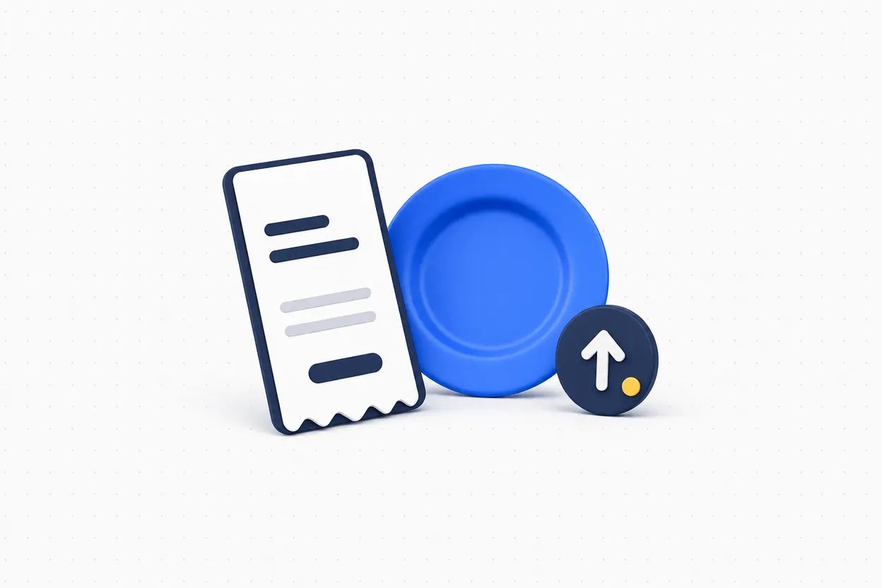 A receipt tile, blue plate icon, and coin marker