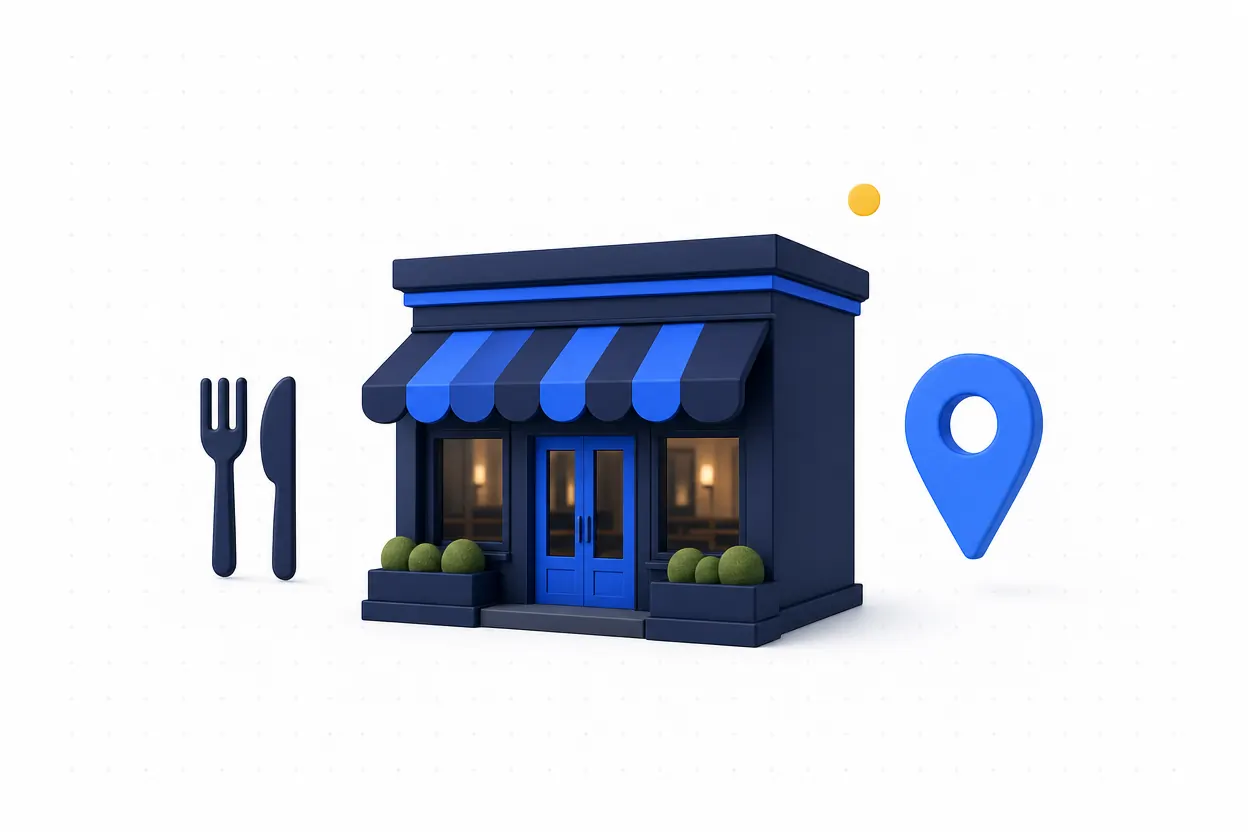 A simple restaurant storefront with a fork icon and blue location pin