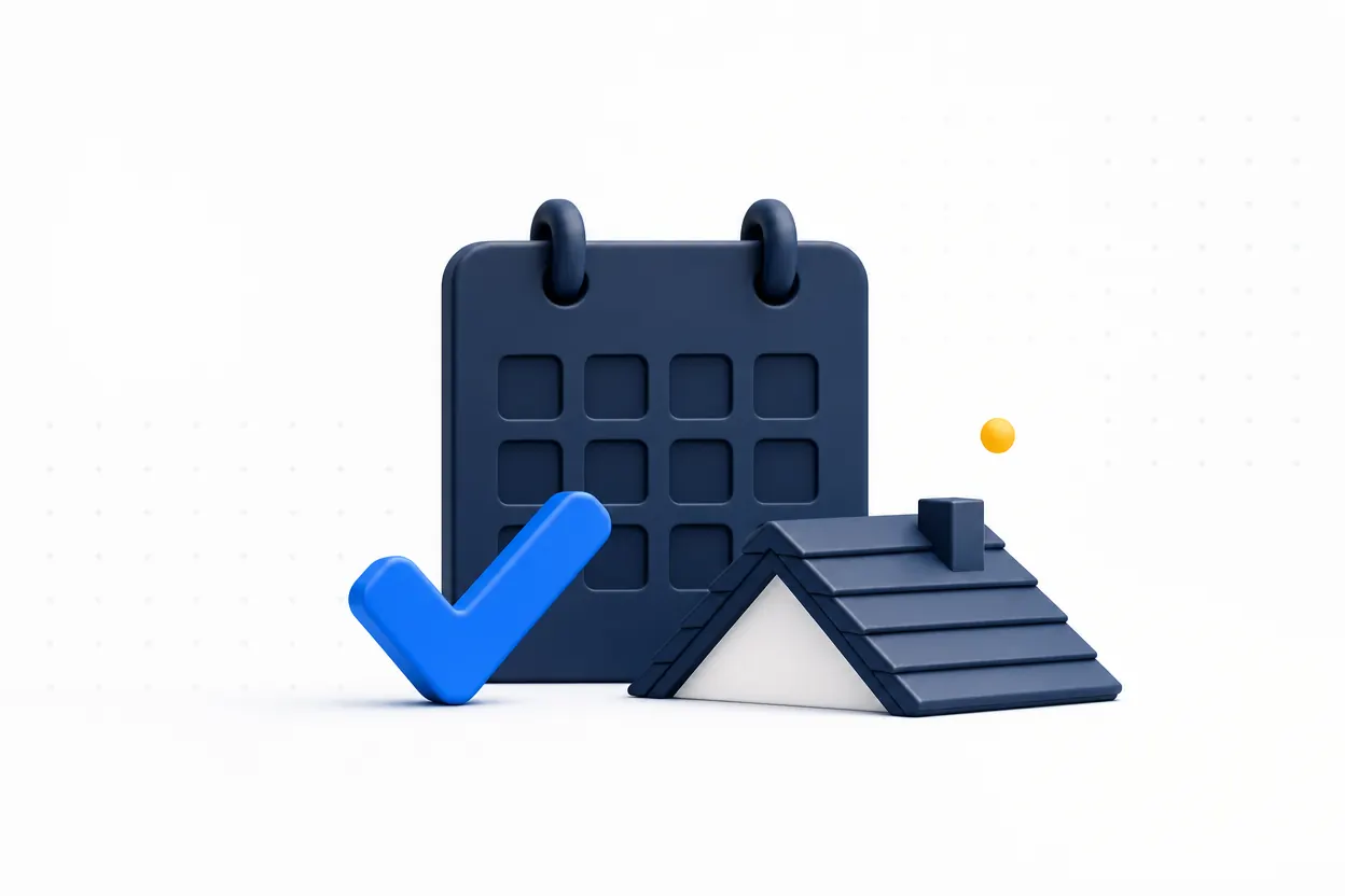 A calendar tile with a blue checkmark and roof icon