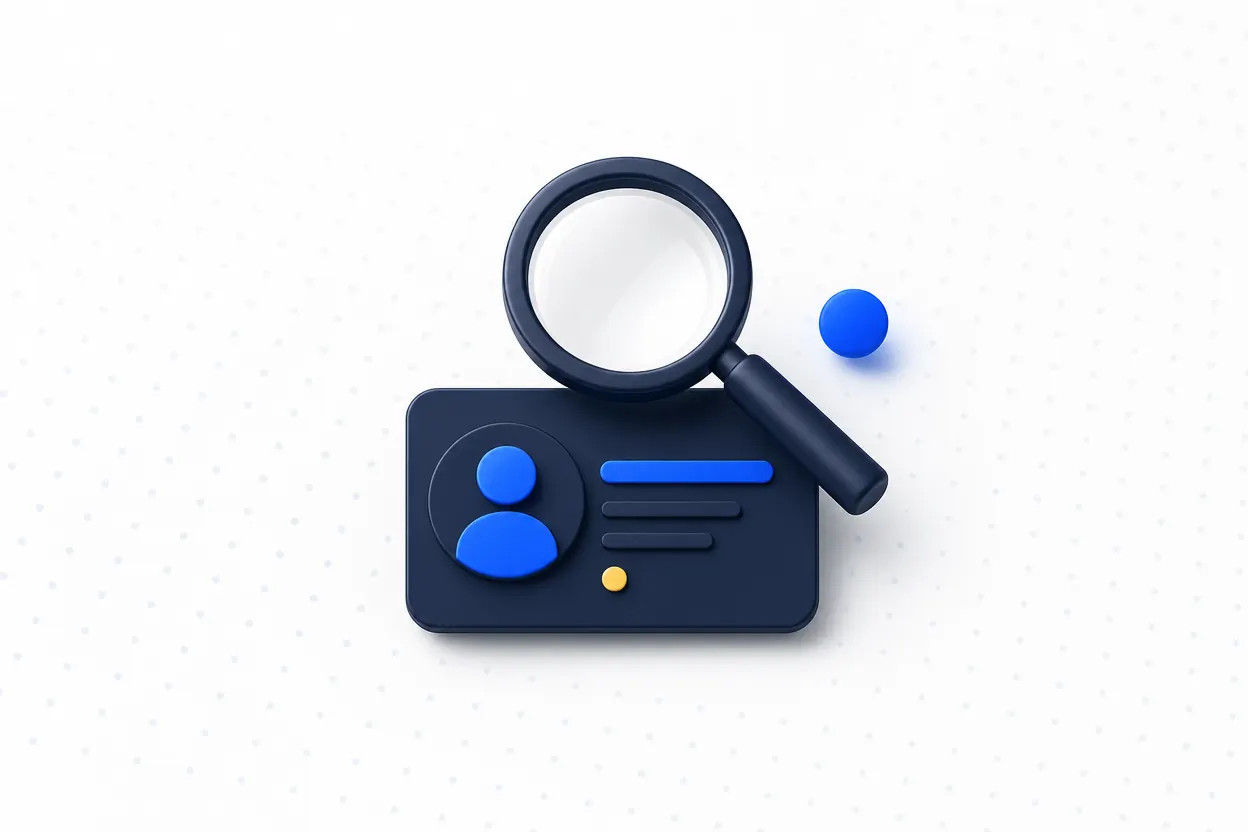 A magnifying glass over an owner contact card with a blue signal dot