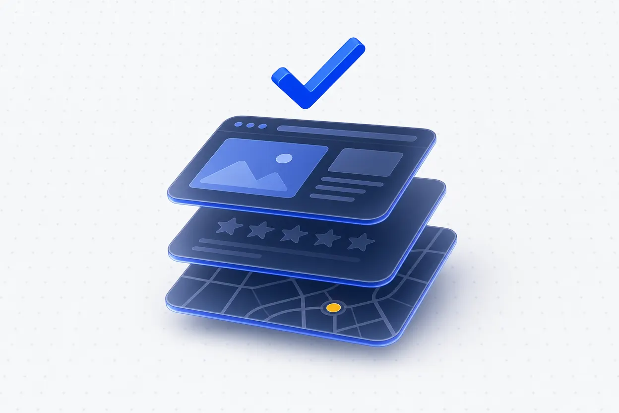 Stacked local data layers with a blue checkmark
