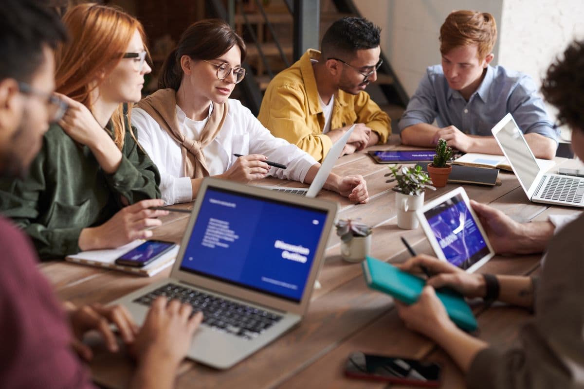Startup team working around a shared table